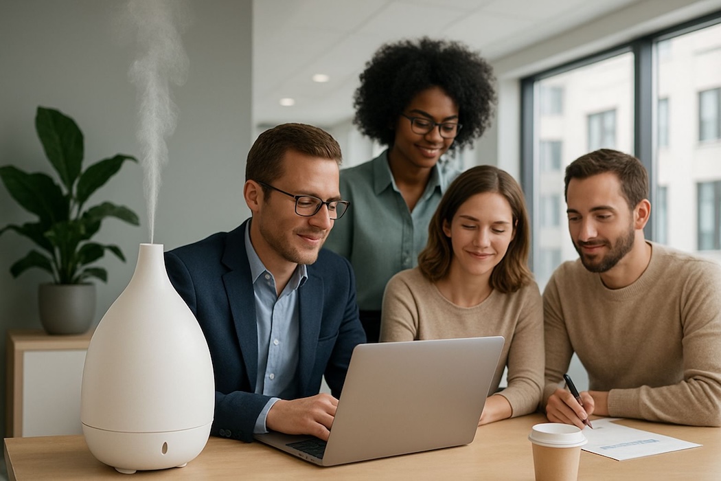 تصویر یک دفتر کار مدرن و دلپذیر که برندینگ رایحه دفاتر کار در آن در جریان است