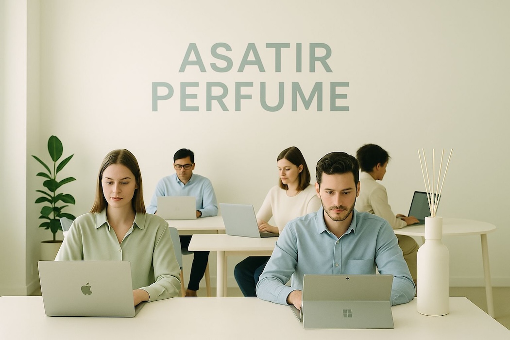 کارمندان و کارنان دفاتر کار در حال کار کردن در محل کاری که با رایحه بهینه شده.